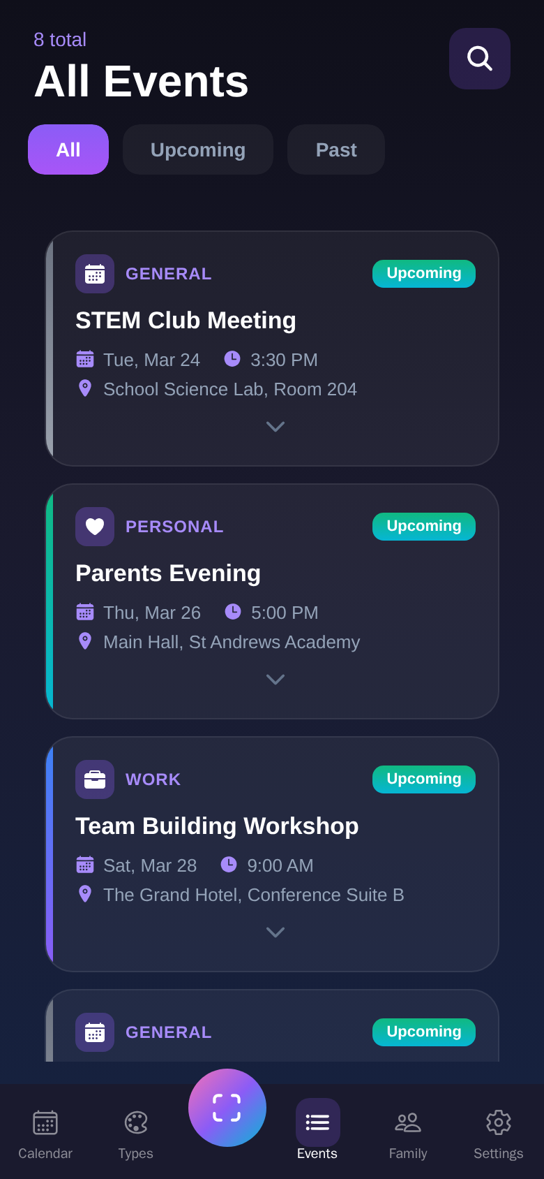 Pic2Plan events list showing extracted calendar events